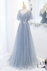 Sweet And Elegant Sky Blue Beaded Short Sleeved Sheer Ball Dress With Sky Blue A-Shaped Backless Strap And Ground Length Semi Formal Prom Dress